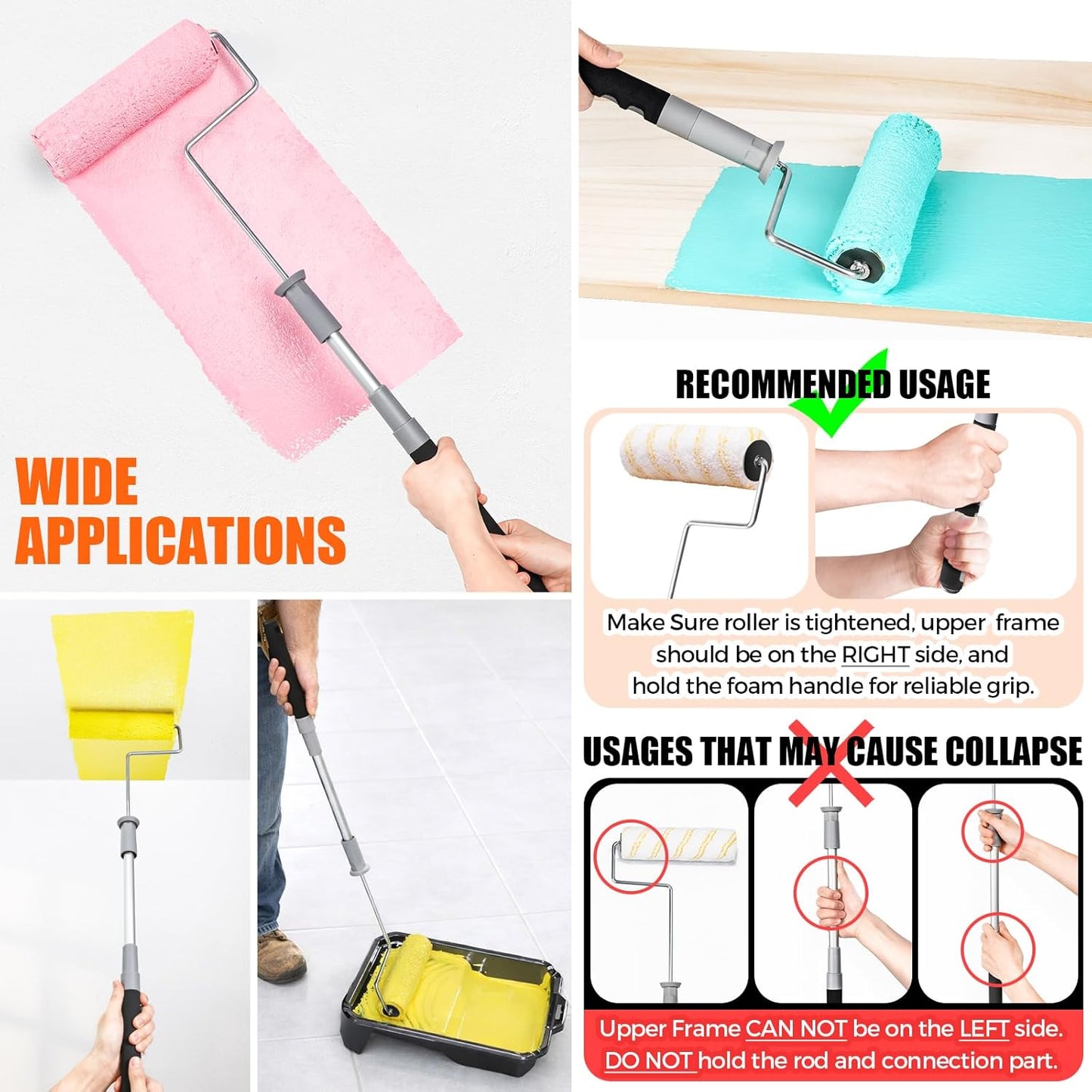 6pcs House Paint Roller Kit, 9 inch Extendable Roller Frame with 5 Microfiber Roller Covers 1/2" Nap, Adjustable Painting Roller (18" - 36") for Walls, Ceilings, Floor, Home Painting Supplies
