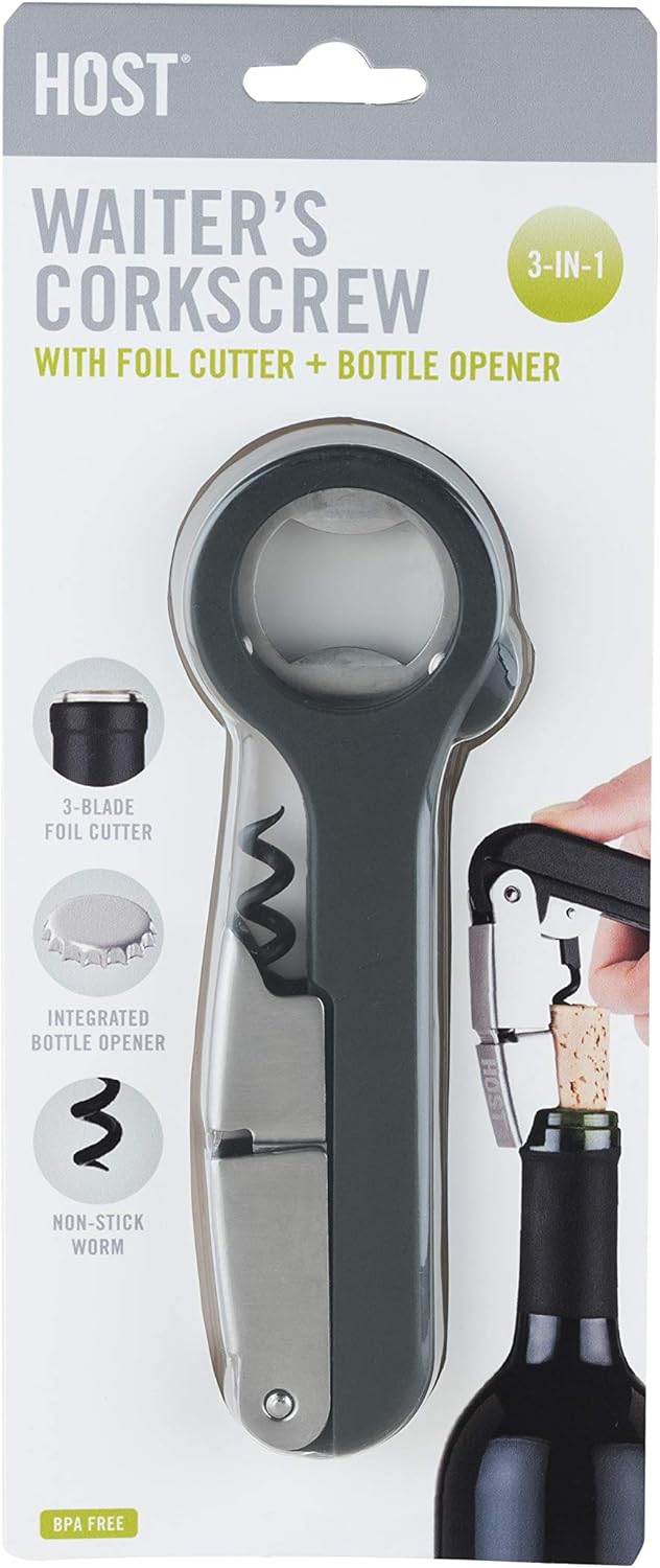 Host Double Hinged Corkscrew, Stainless Steel Bottle Opener and Foil Cutter, Wine Key, Bar Accessories, Set of 1, Black