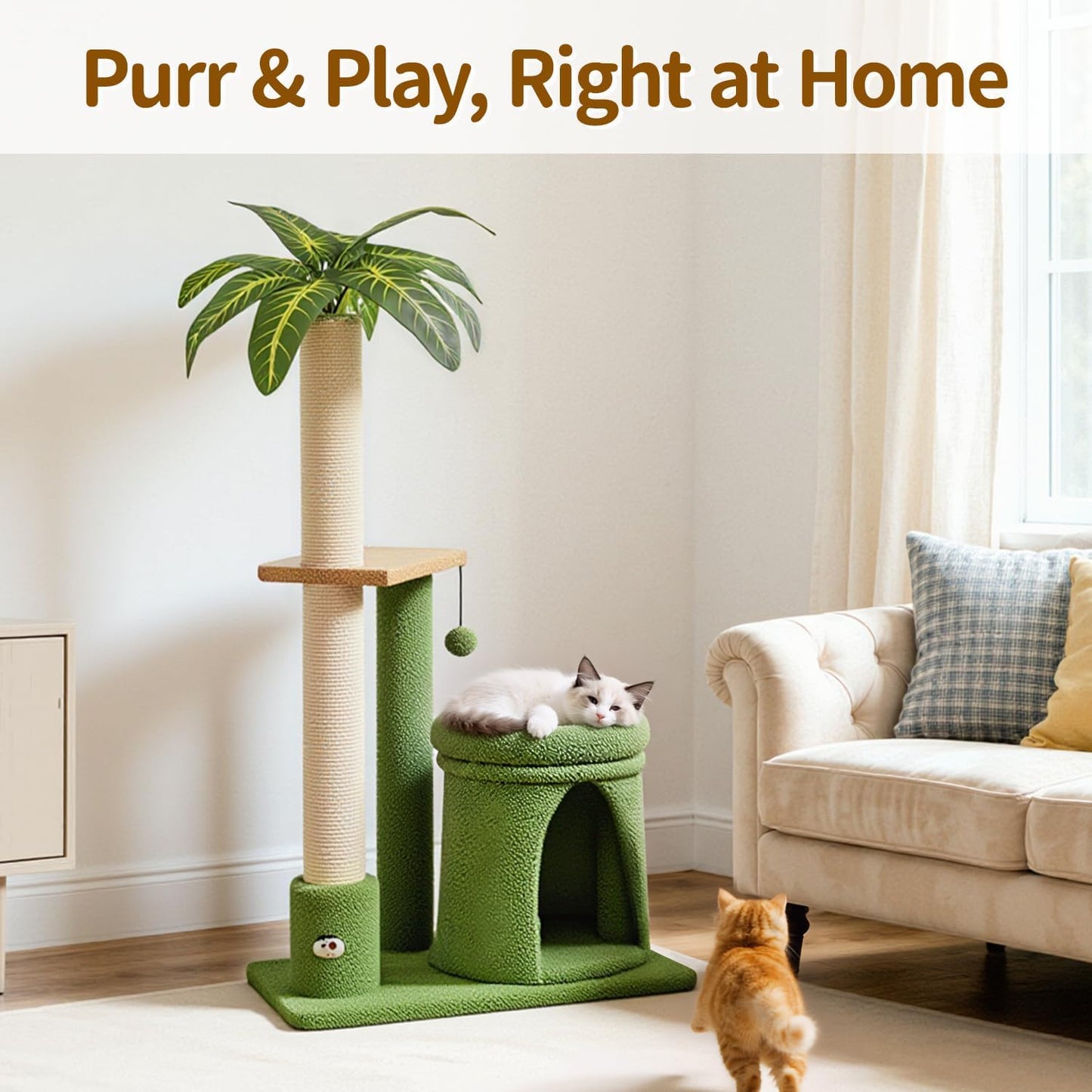 Cat Tree Tower Scratching Post Stand for Indoor, 41" Compact Palm Tree Kitten House Condo with Cozy Bed for Small Cats, Space Saving Design, Supports Climber Scratch Playing and Rest