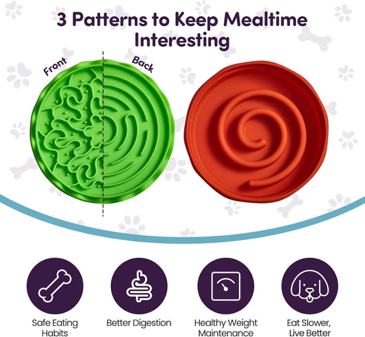 Slow Feeder Small Dog Bowl – 2 Patterns Reversible Lick Mat & 1 Spiral Slow Feeder - Hamburger Style | Non-Slip, Dishwasher Safe & Easy to Clean