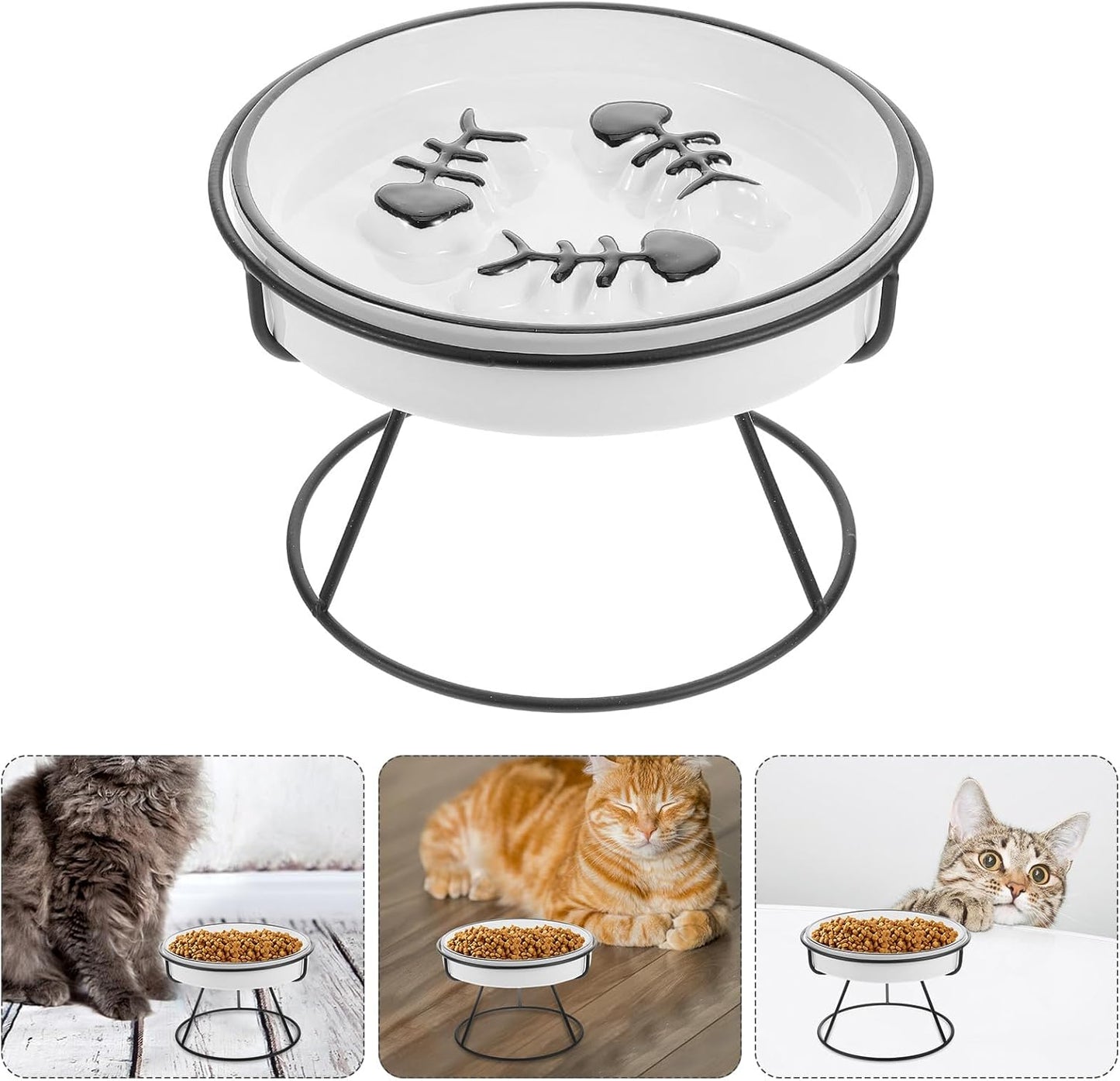 Milisten Ceramic Slow Feed Cat Bowl Elevated with Stand, Raised Pet Feeding Dish for Small Dogs and Kittens, Black Non-tip Slow Eating Bowl for Whisker Relief and Spine Protection