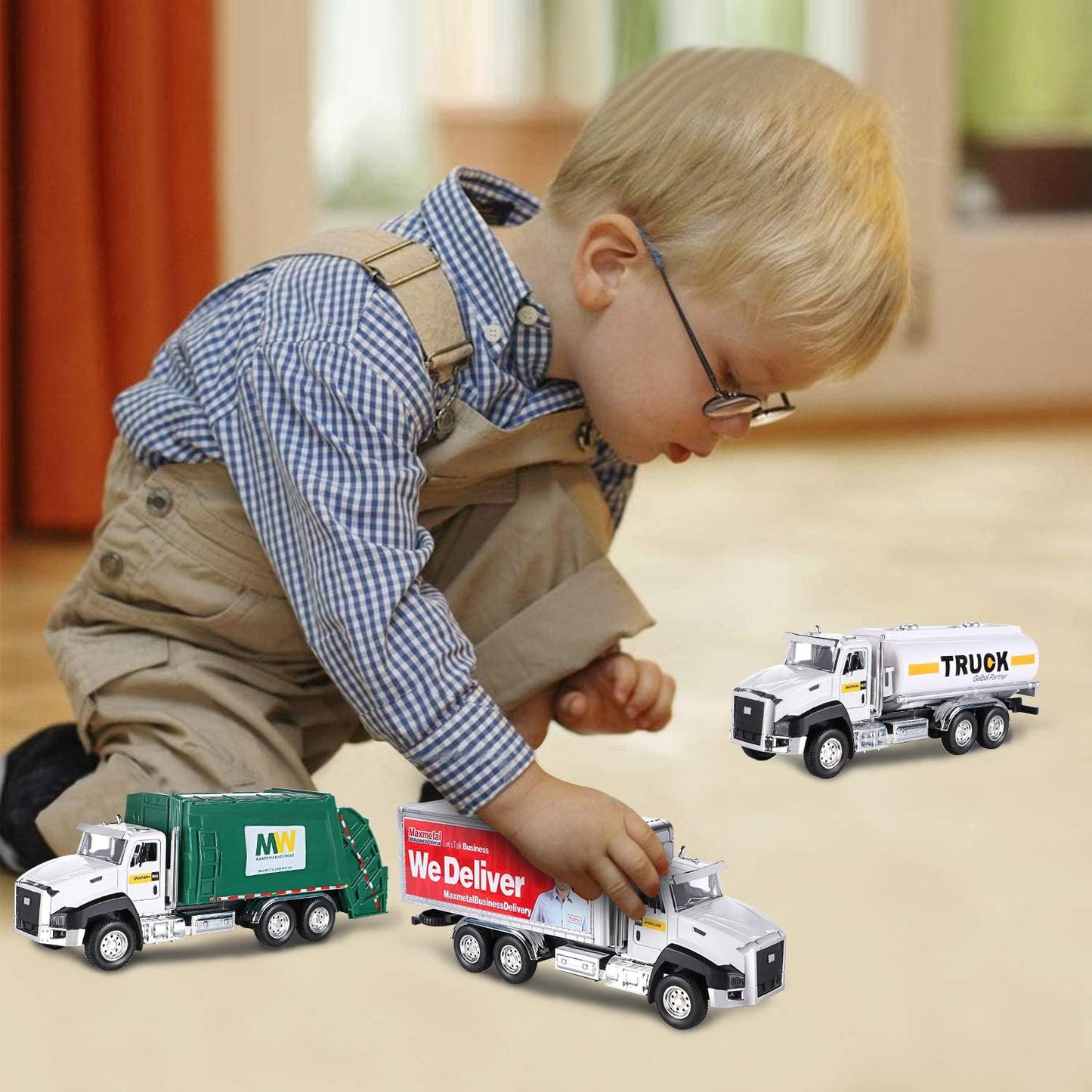 G.C 3 Pack Diecast Transport Vehicles Set - Garbage Truck, Tanker, Delivery Truck 1:50 Scale Pull Back Metal Model Car Toys for Boys