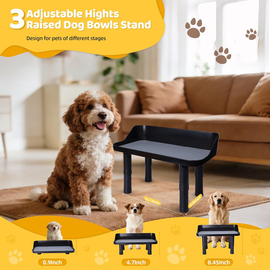 Dog Food Bowls Elevated, 3 Heights ((0.9''/4.7''/8.45'') Adjustable Raised Dog Bowl Stand with 16.73''W Splash Guard & Non-Skid Feet for Small Medium Large Dogs, No Bowl Included