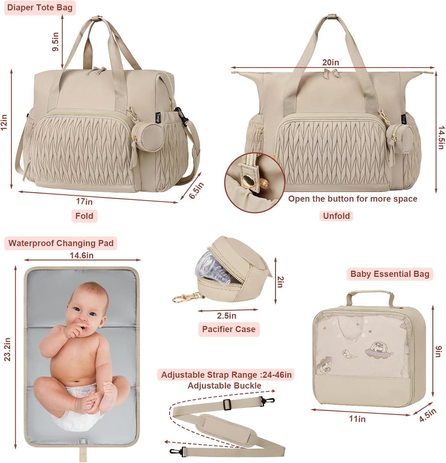 Yorige Diaper Tote Bag for Baby 6pcs, Large Mom Hospital Bags with Changing Pad Pacifier Case for Labor Delivery Boy Girl