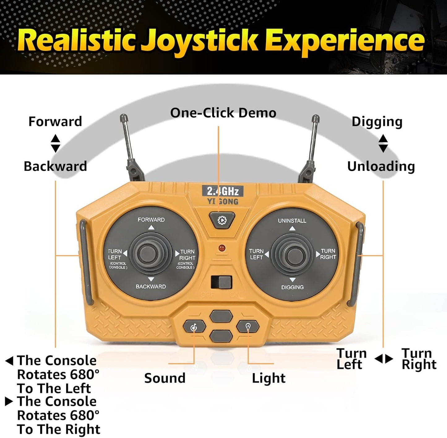 Remote Control Excavator Toys for Boys Turns 680-degree 2 Batteries Metal Shovel Lights/Sounds Construction Toys Birthday Gifts Boy Toys for 3 4 5 6 7 8 Years Old