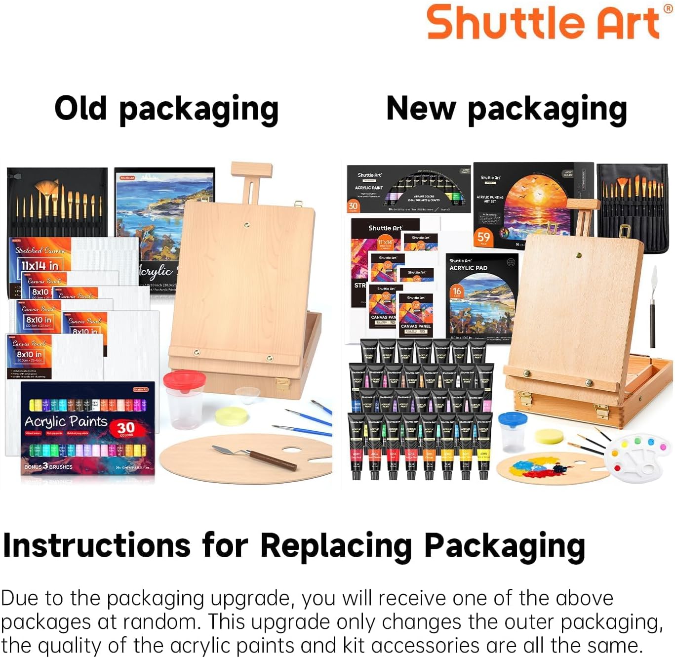 Shuttle Art Acrylic Painting Set, 59 Pack Professional Painting Supplies with Wood Tabletop Easel, 30 Colors Acrylic Paint, Canvas, Brushes, Palette, Complete Painting Kit for Kids, Adults, Artists