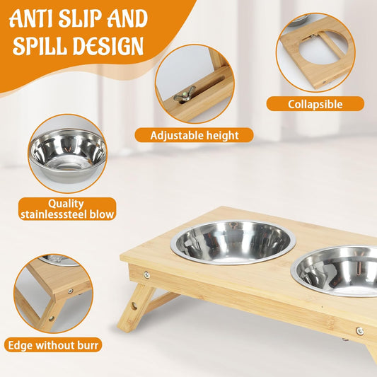 Dog Bowls Elevated,Adjustable Raised Cat Bowl Stand for Small Dogs and Cats Bamboo Pet Food Feeder with 2 Stainless Steel Dish Water Feeding Set