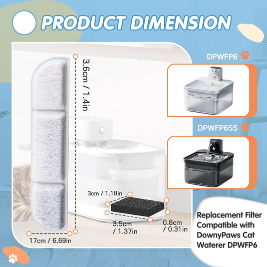 12Packs Replacement Filters Compatible with Downy Paws Cat Water Fountain - Triple Filtration Filters for DownyPaws 84oz/2.5L Wireless Pet Fountain DPWFP6 (12 Filters & 12 Sponges)