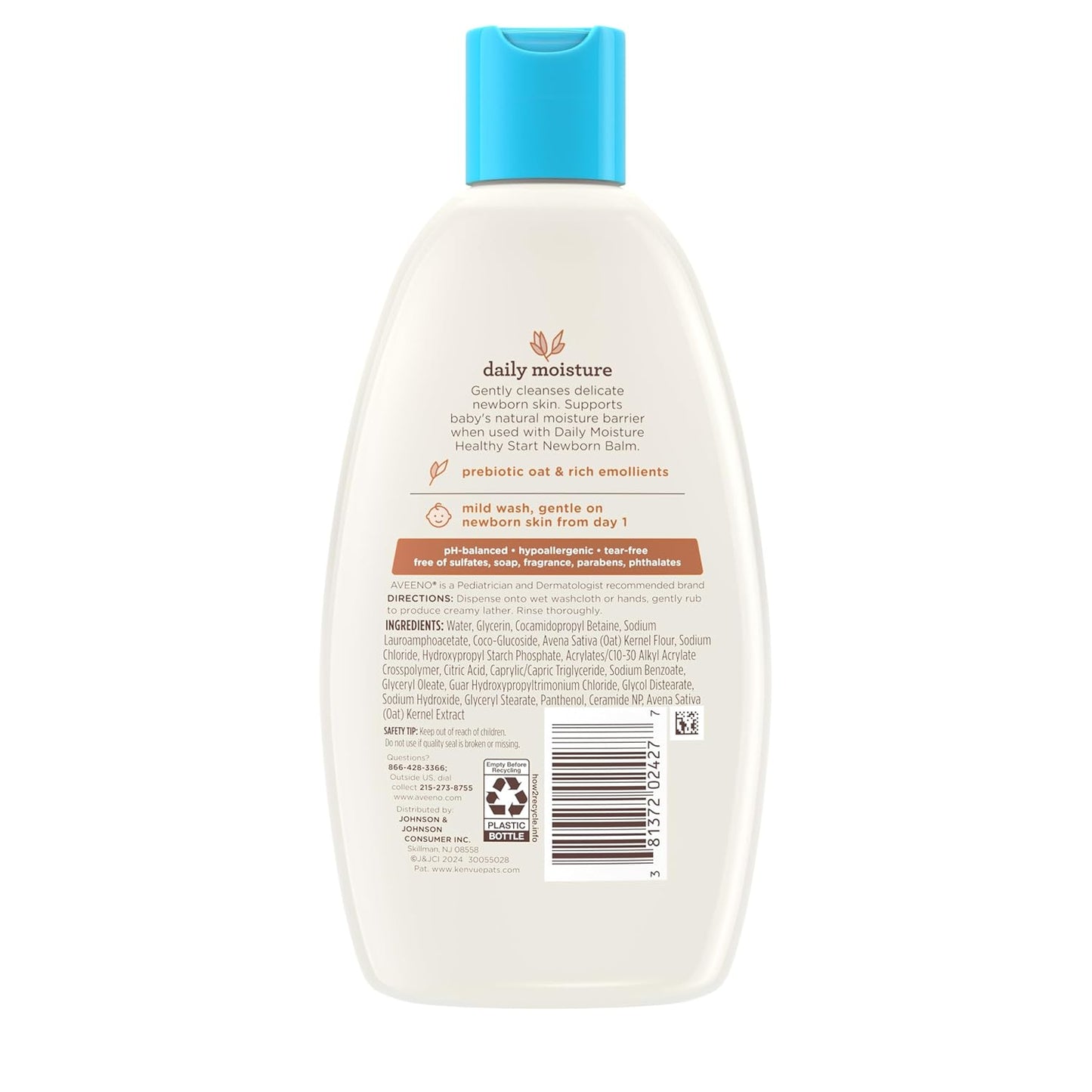 Aveeno Baby Healthy Start Nourishing Newborn Wash, Hypoallergenic Baby Body Wash, Prebiotic Oat, Gently Cleanses Sensitive Skin, No added Fragrances & Parabens, Tear-free, 8 fl. oz
