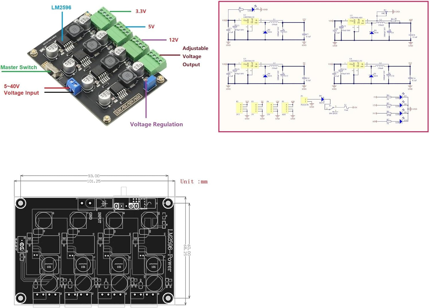 LM2596 Multi Channel Switching Power Supply 3.3V/5V/12V/ADJ Adjustable Voltage Output Power Supply Module