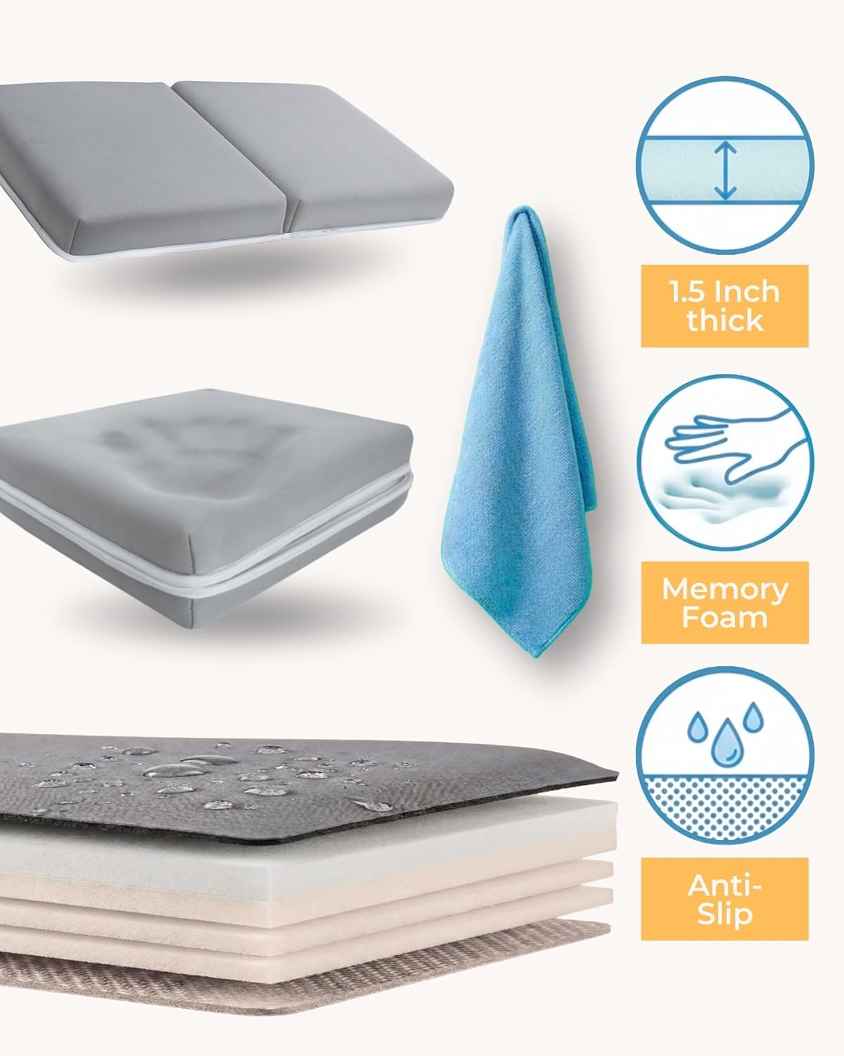 Comfortable Baby Bath Kneeler and Elbow Rest Pad Set – Thick Memory Foam Bath Kneeling Pad with Elbow Support – Baby Bathtub Cushion with Toy Organizer for Bathing Infant or Toddler - Grey