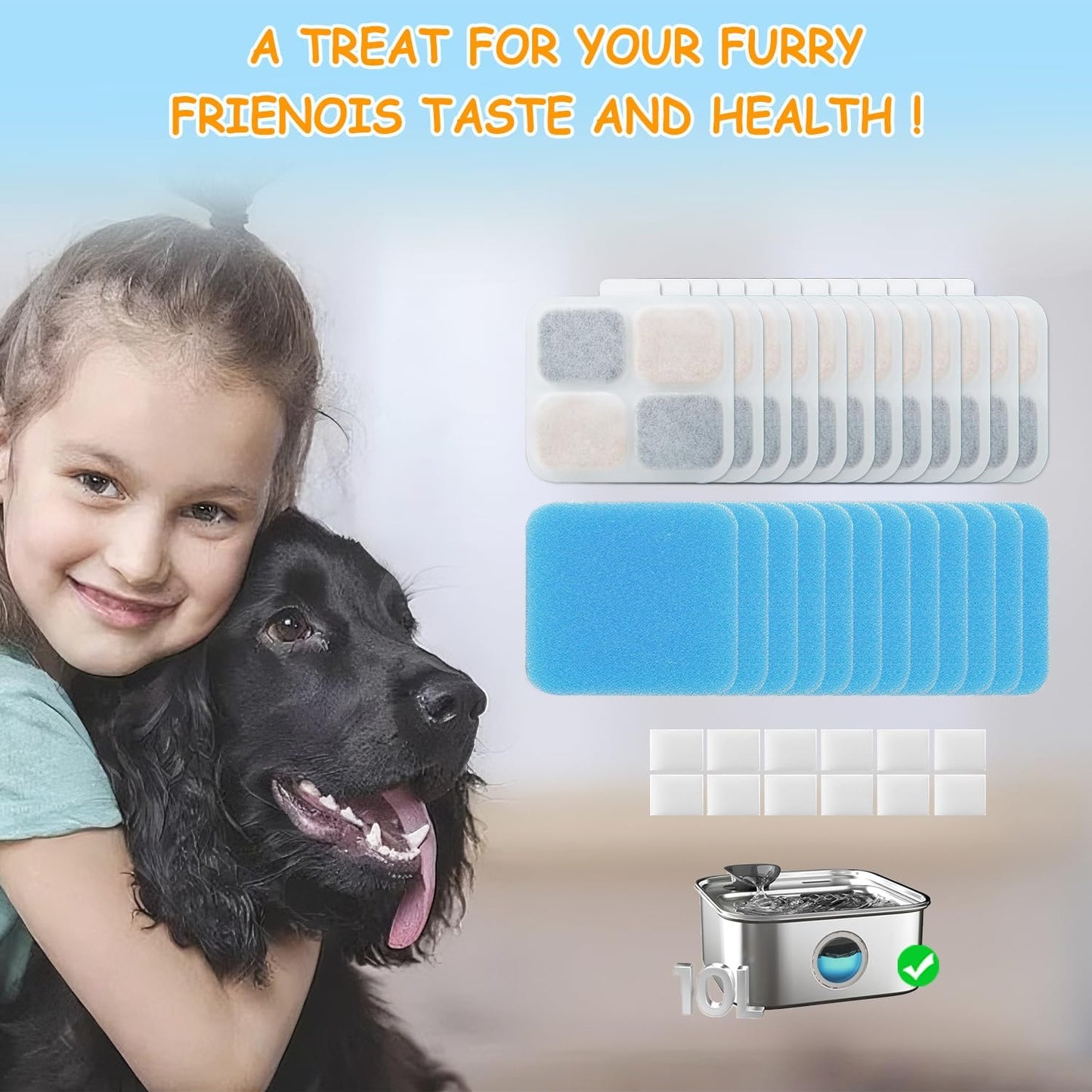 16+16 Pack Replacement Filters for Oneisall PW07SAU 10L/2.64Gal Stainless Steel Dog Water Fountain, Includes 16 Filters & 16 Sponges