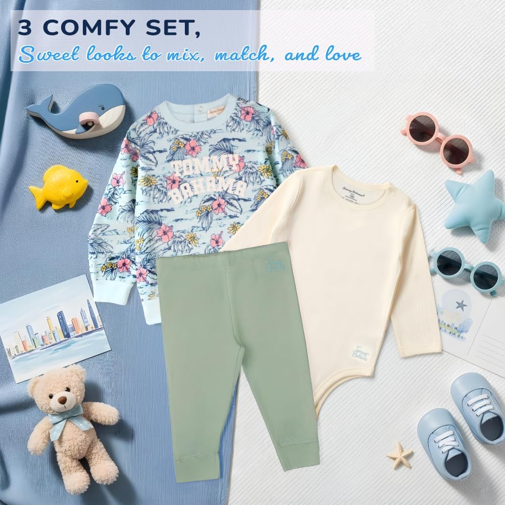 Tommy Bahama Baby 3-Piece 100% Cotton Set - Long Sleeve Shirt, Onesie, and Pants Bundle for Infants and Babies