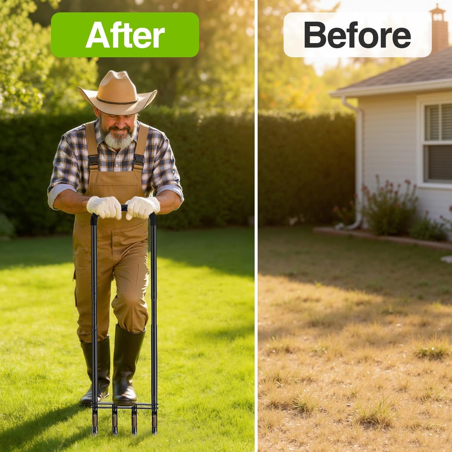 Knee-Friendly Manual Lawn Aerator Tool –Adjustable SUS304 Stainless Steel Core Aerator for Grass, Yard Aeration Tool with 4 Hollow Tines for Lawn Care and Compacted Soil,43.3"-48.5",Black