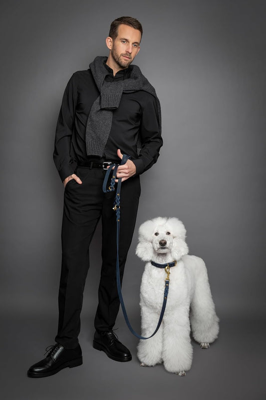 NOAH & PAW Leather Dog Leash, Premium Oil-Waxed Leather Braided, 8 ft Long Dog Leash with 6 Ways to Use Hands-Free, Quick-tie, Double Pet Lead Etc. Matching Collar Available. (Dark Blue)