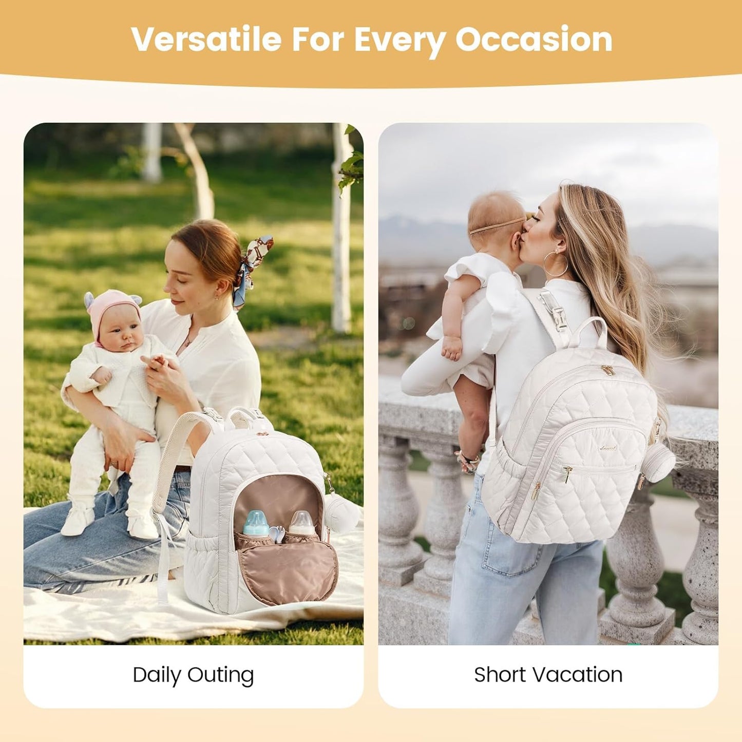 LOVEVOOK Diaper Bag Backpack,Puffer Quilted Baby Diaper Bag with Insulated Pockets,Travel Diaper Backpack for Boys Girls with Changing Pad,Water-Resistant Baby Bag for Mom Dad,Beige