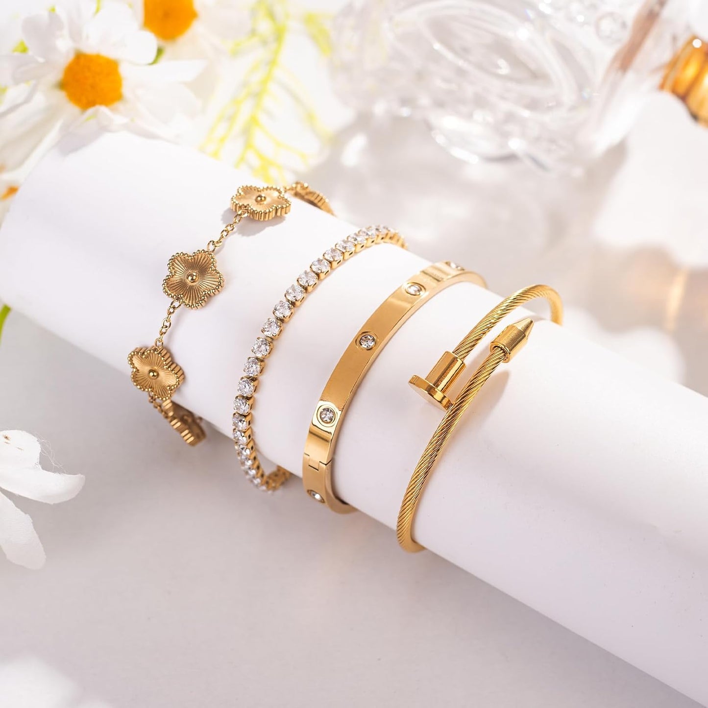 18K Gold Plated Bangle Bracelet Set for Women Stackable Lucky Floral Adjustable Tennis Bracelet Non Tarnish Gift Jewelry for Christmas Valentines Birthday Mother's Day