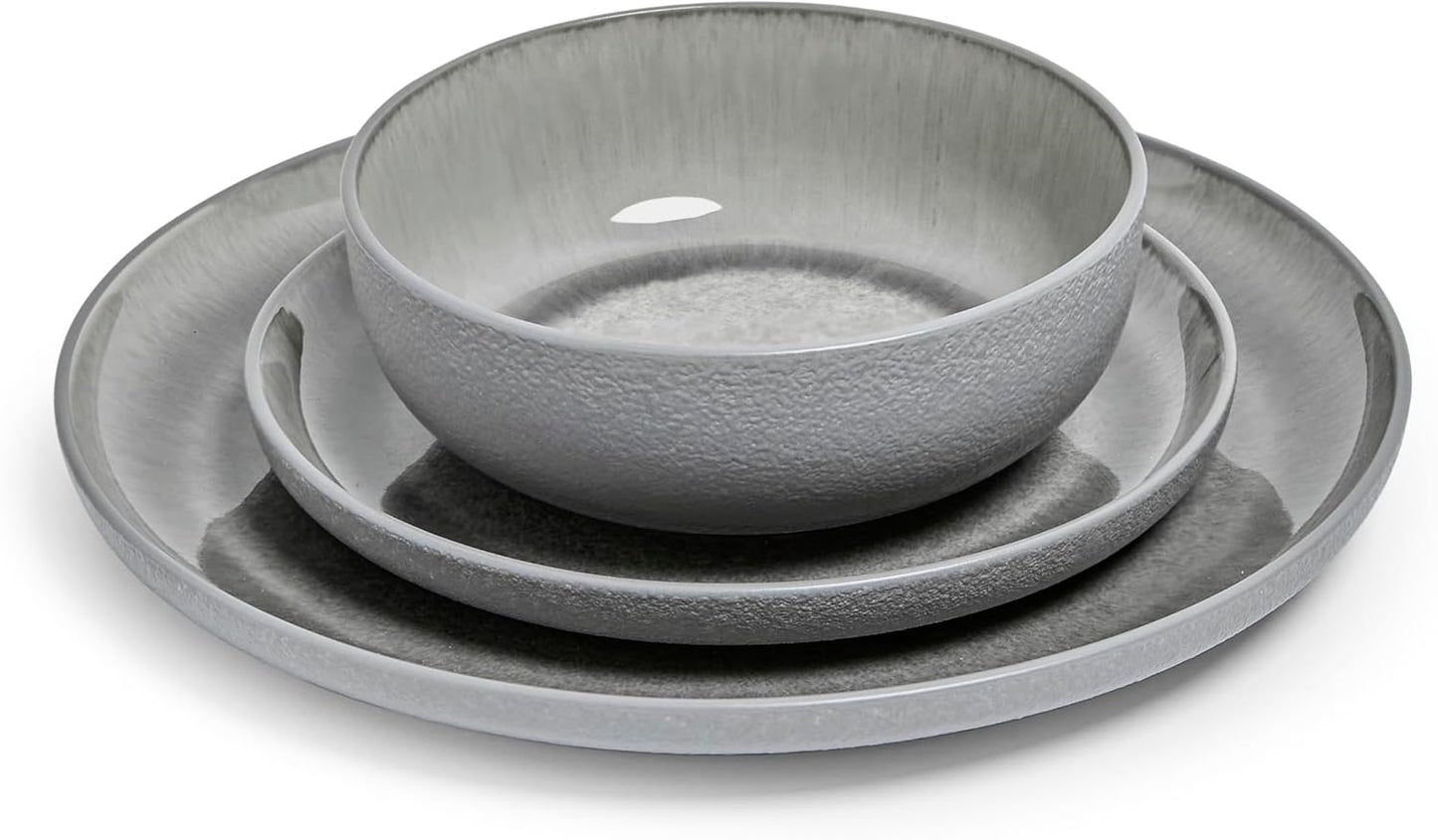 Sango Asher 12-Piece Stoneware Dinnerware Set for 4, Gray Ceramic Plates and Bowls Sets, Modern Dish Set with Reactive Glaze, Durable Kitchen Dishes for Casual Dining, Microwave & Dishwasher Safe