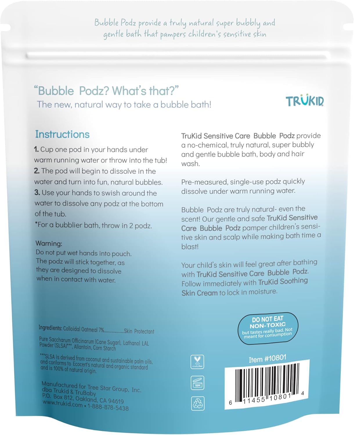 TruKid Bubble Podz Bubble Bath for Kids, Toddlers, & Babies, NEA-Accepted for Eczema, Gentle Refreshing Colloidal Oatmeal Bath Bomb for Sensitive Skin, pH Balanced, Tear Free, Unscented (60 Podz)