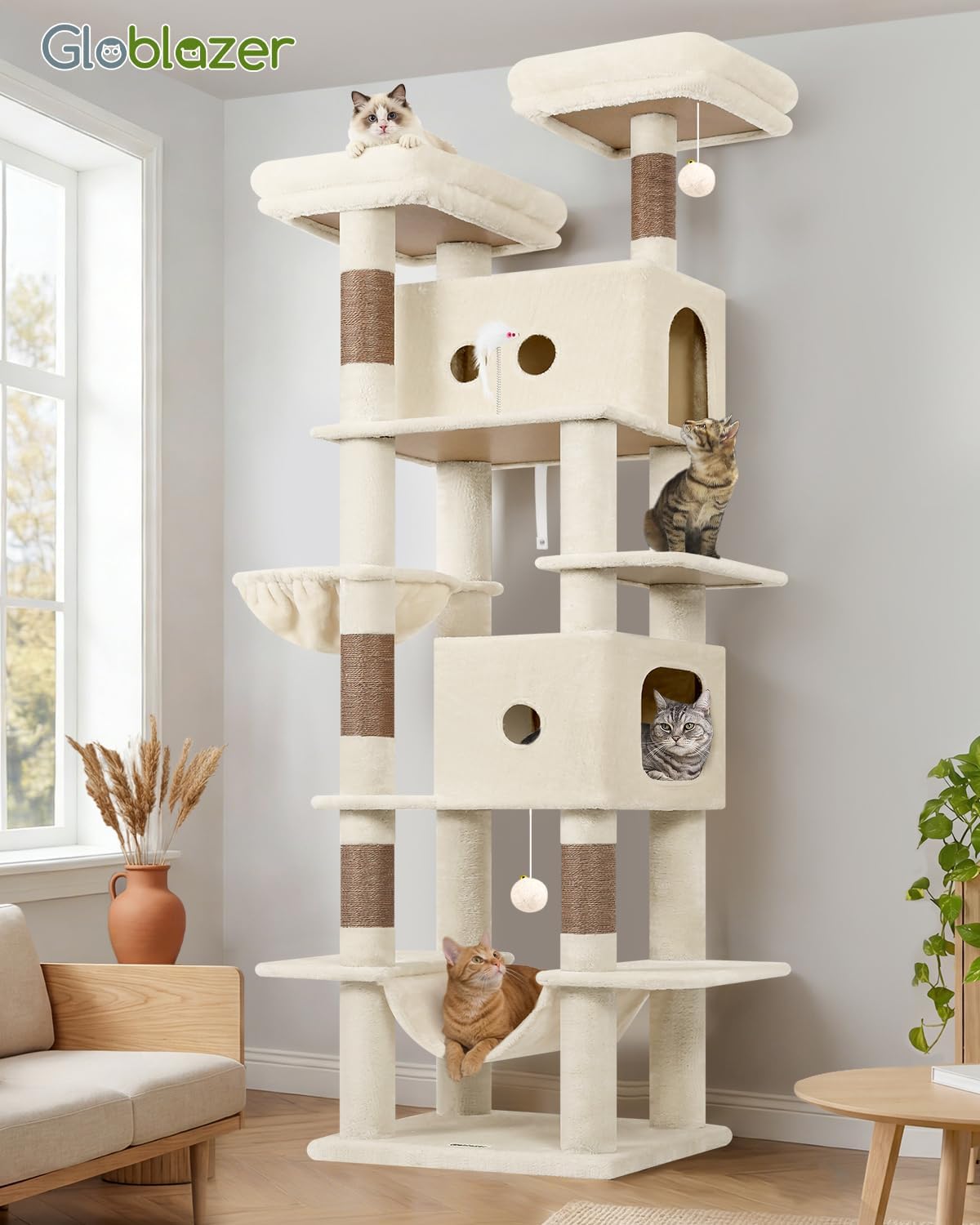 Globlazer Heavy Duty Cat Tree Tower 80in Tall Extra Large Cat Tree Tower for Multiple Indoor Cats Large Adult with Scratching Posts, 2 Spacious Condos, Padded Perches, Soft Hammock, S80B, Beige