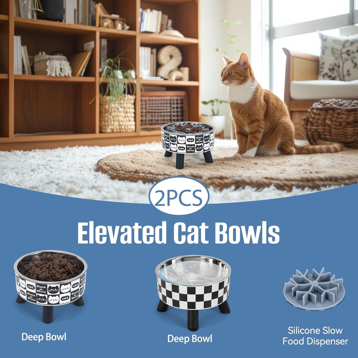 2PCS Elevated Cat Bowls with Slow Feeder, Wide Raised Stainless Steel Cat Dishes Plastic Stand Silicone Slow Food Dispenser, Whisker Friendly Pet Water Food Plates Feeding Station Indoor Cats, Kitten