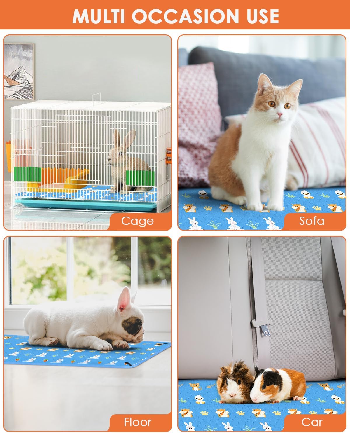 Bissap 2 Packs Guinea Pig Cage Liners, 48''X24'' Washable Guinea Pig Pee Pads Non Slip Reusable Fast and Super Absorbent Bedding for Small Animals Rabbit Hamster Chinchillas Rat - Blue