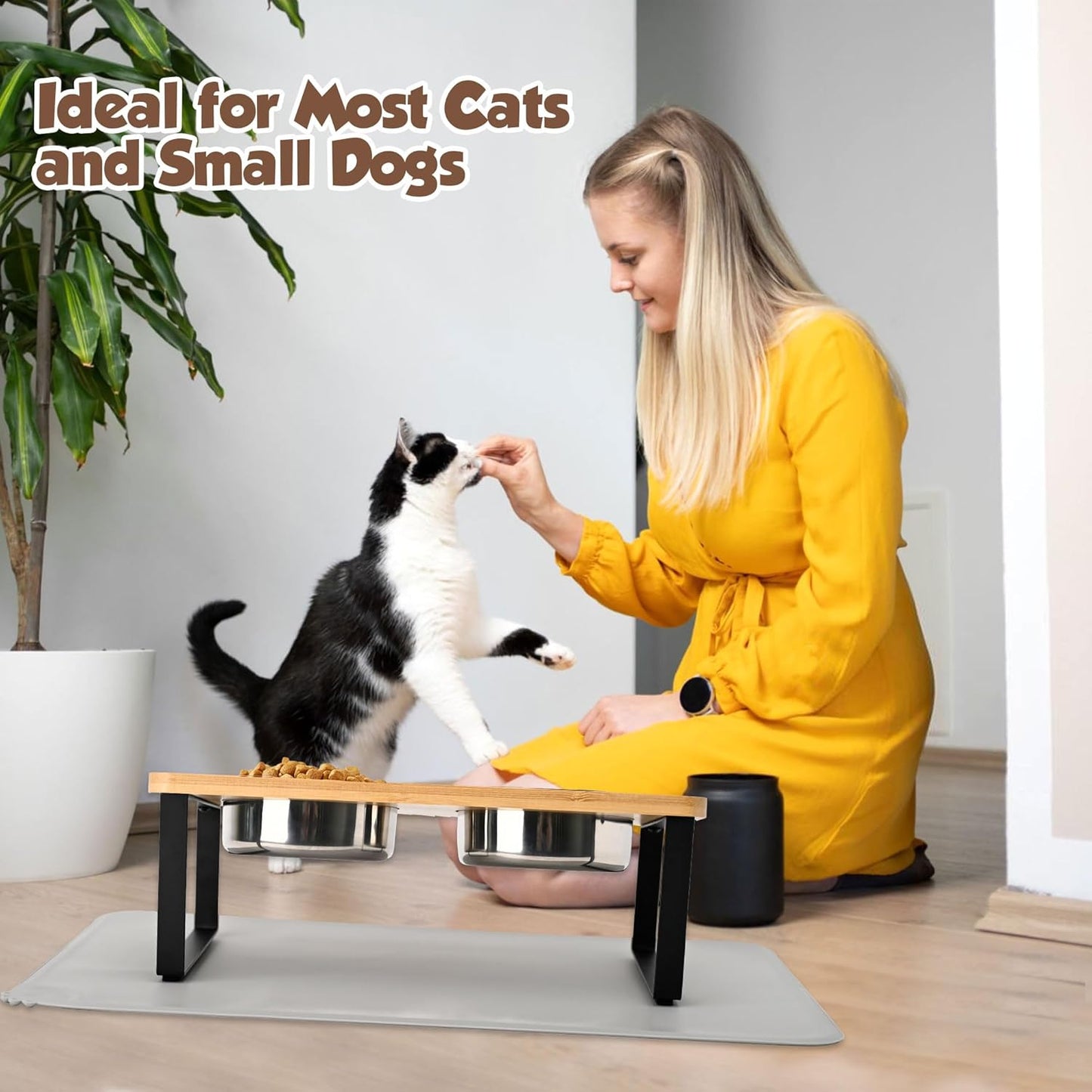 Elevated Cat Bowls with Non Slip Mat, ACEONE 15° Tilted Raised Anti Vomit Cat Feeder for Food and Water, Pet Feeding Station with 2 Stainless Steel Bowls(M Bowl)