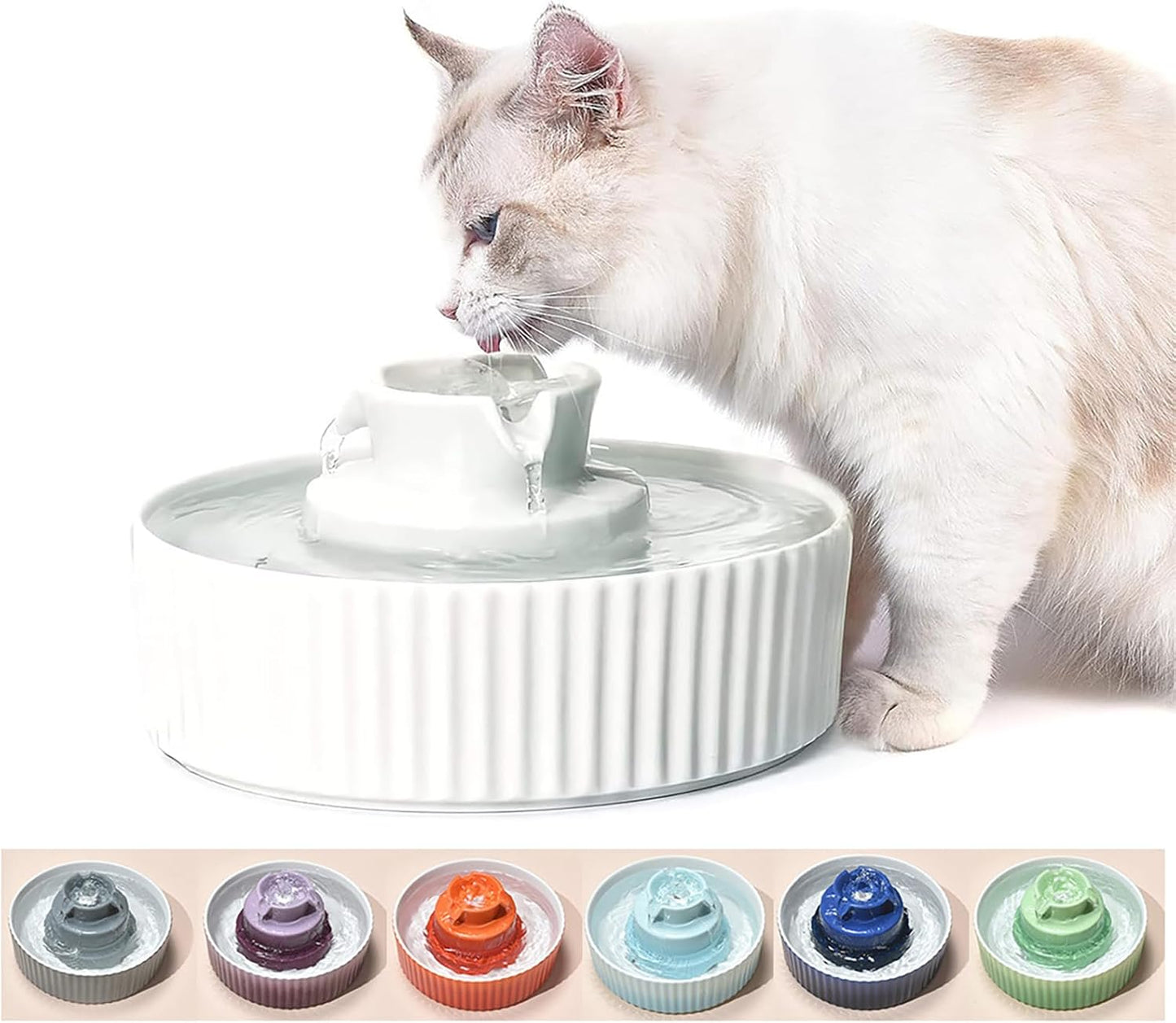 Ceramic Cat Water Fountain Cats Tower Water Dispenser 2.1L/71.02oz Dog Water Bowl Dispenser Cat Fountain for Cats Indoor Ultra Quiet Pump Pets Water Bottle White