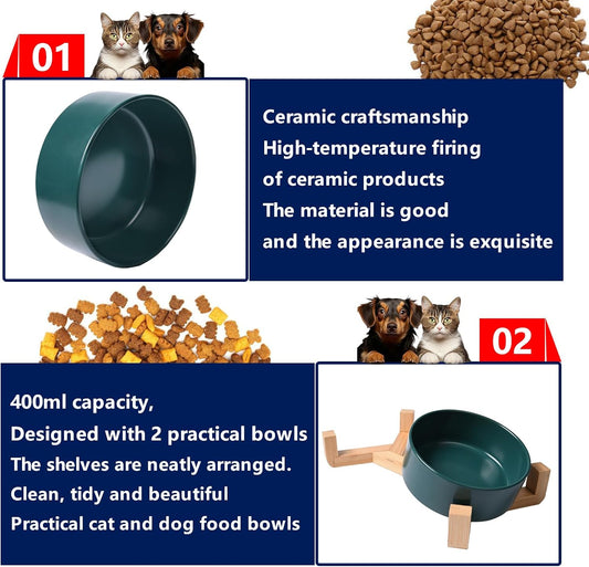 Elevated Ceramic Cat Bowl, Dog Bowl, 400 ml/13.5 oz Pet Food Bowls with Wood Stand Anti-Slip Design for Cat Dog