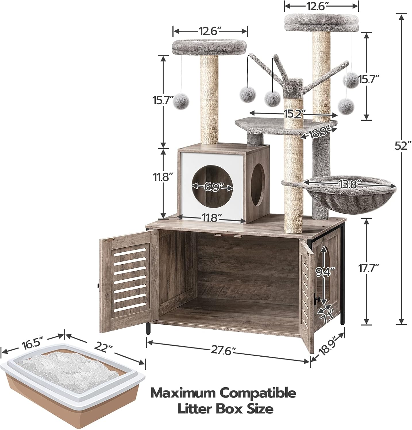 HOOBRO Cat Tree with Litter Box Enclosure, 27.6" L x 18.9" W x 52" H, All-in-One Wooden Cat Tower, Cat Furniture for Indoor Cats, Cat Condo with Hammock, Detachable Teaser Sticks, Greige BG14MZ03