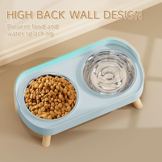 Elevated Cat Bowl, Raised Cat Food and Water Bowl Set for Indoor Cats, Splash Proof with 2 Stainless Steel Pet Food Bowls for Cats and Puppies, Whisker Fatigue and Dishwasher Safe - Blue