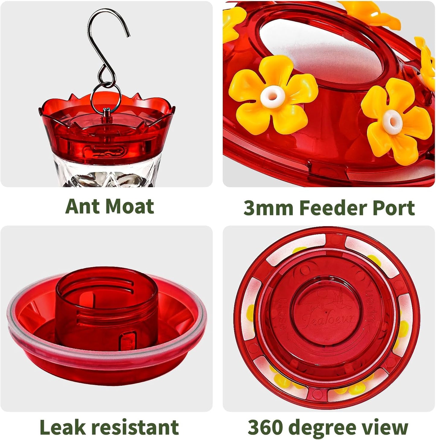 2 Pack Hummingbird Feeder for Outdoors Hanging, 18 OZ Humming Birds Feeders with 6 Bee Guard Feeding Ports & Built-in Ant Moat, Easy to Clean, Durable Outdoor Garden Decor(Clear AA)