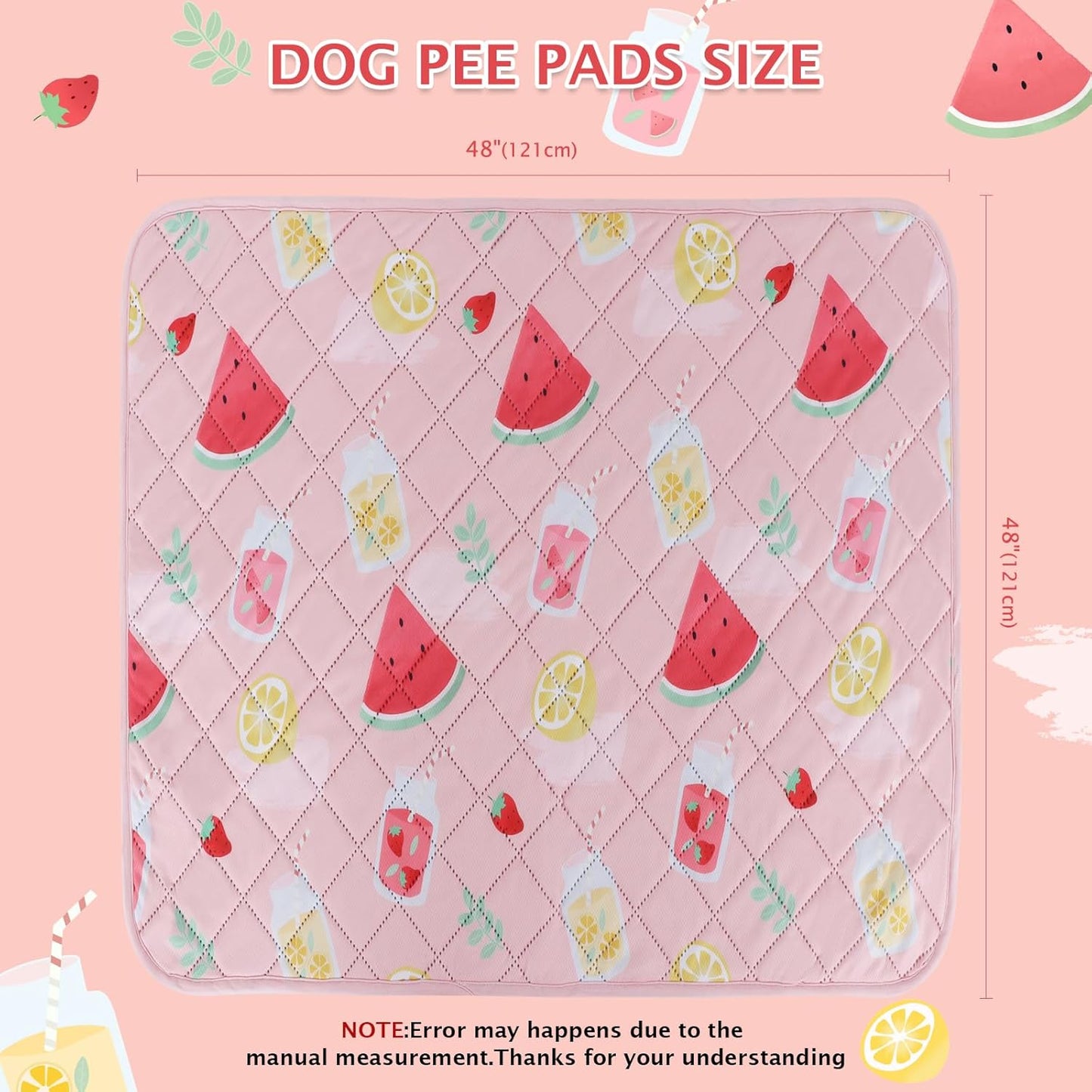 BVAGSS Washable Pee Pad for Dogs, Reusable Leakproof Puppy Wee Wee, Non-Slip Waterproof Pet Training, Super Absorbent Whelping XH081 (Watermelon, 48X48 Inch, Pack of 1)