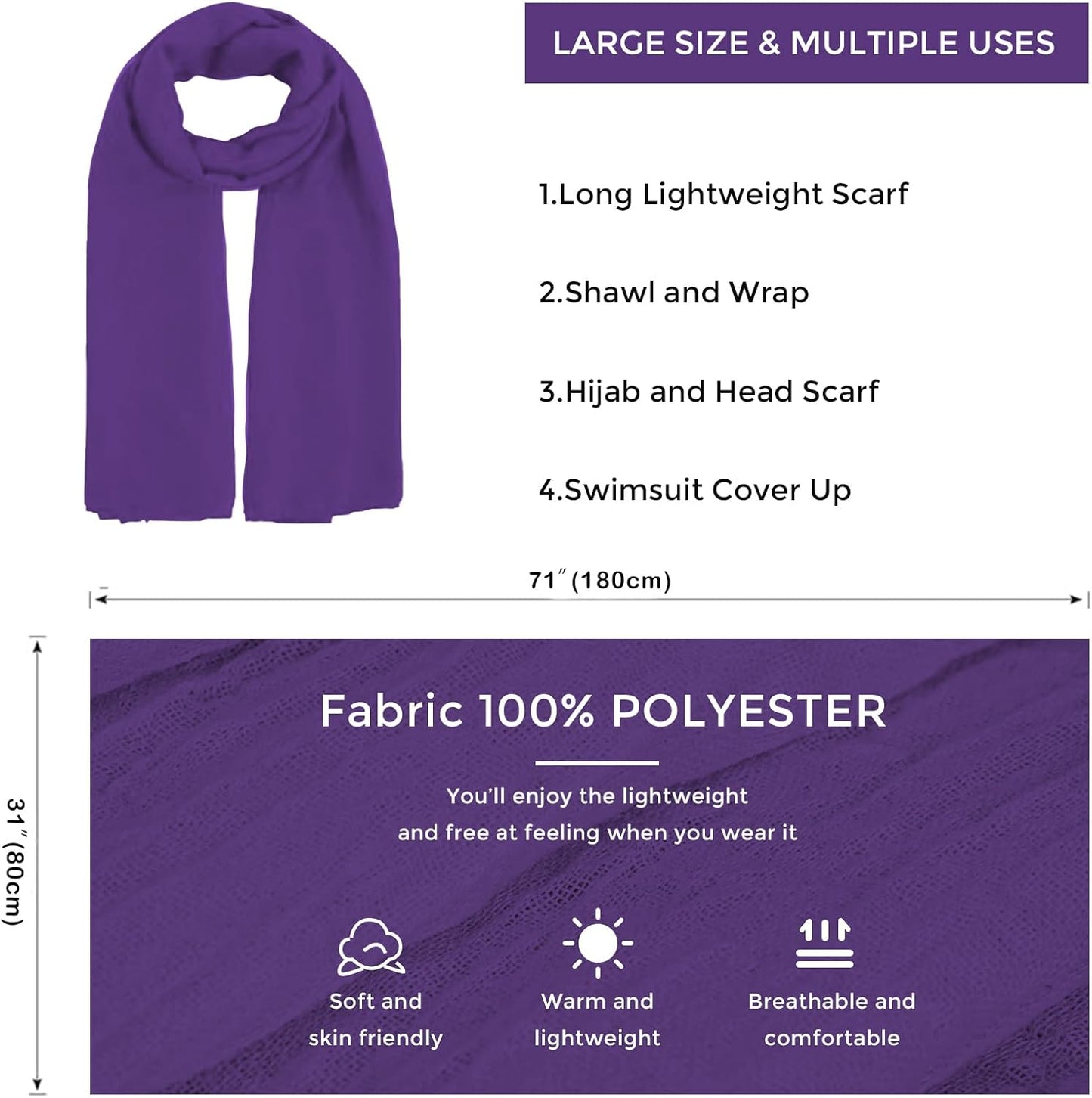 MissShorthair Women Solid Color Scarf Long Lightweight Scarves for Women Large Sheer Wrap Shawl