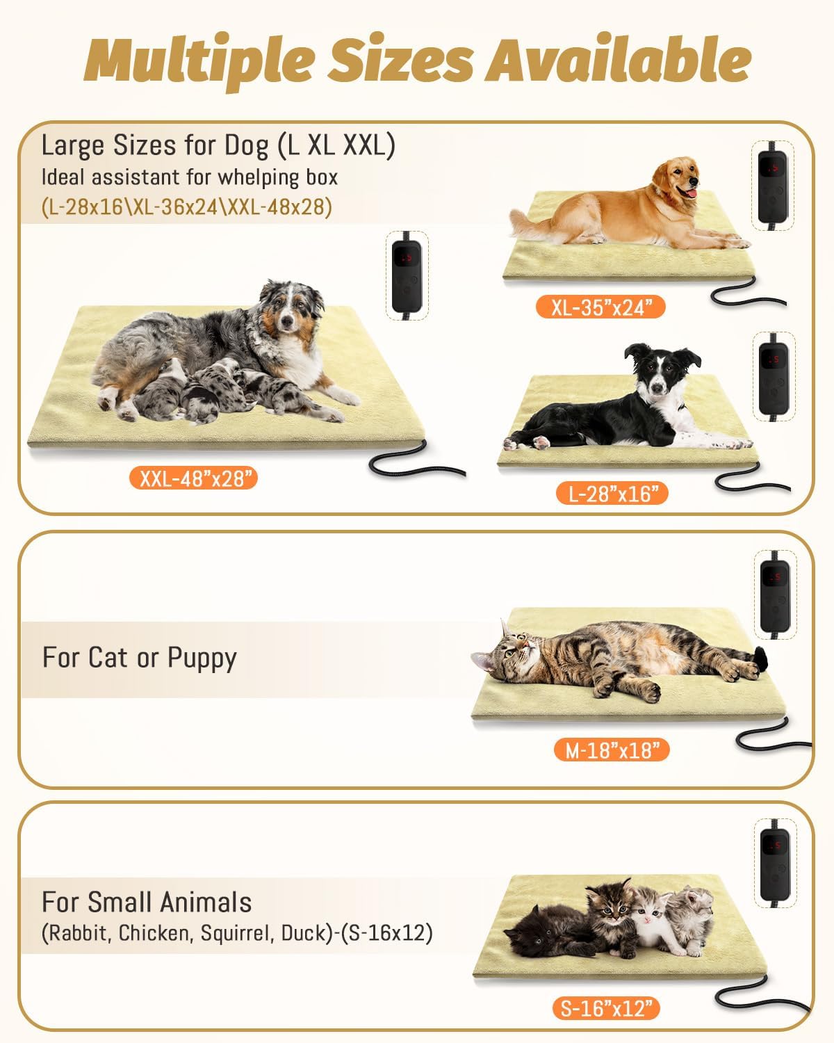 Pet Heating Pad for Dog & Cat, Adjustable 6 Temperature with 5 Timer, Multi-Size and Chew Resistant Cord, Auto Power Off Outdoor Heating Pad for Cats