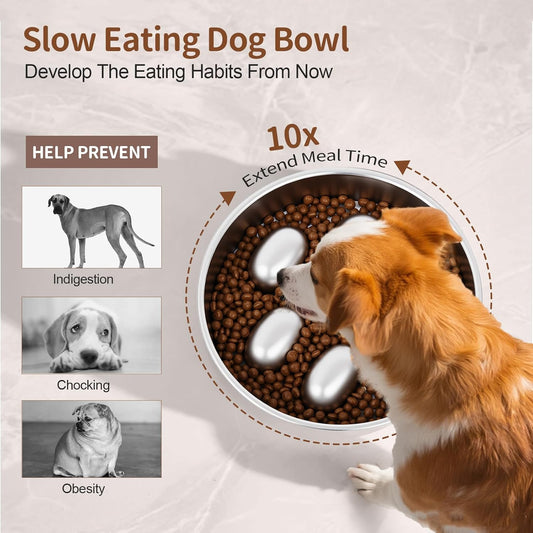 Slow Feeder Dog Bowls Stainless Steel with Non-Slip Silicone Pad Metal Bowl 2 Cups Heavy Duty Large Capacity Slow Feed for Small, Medium, Large Breed Dogs to Slow Down Eating