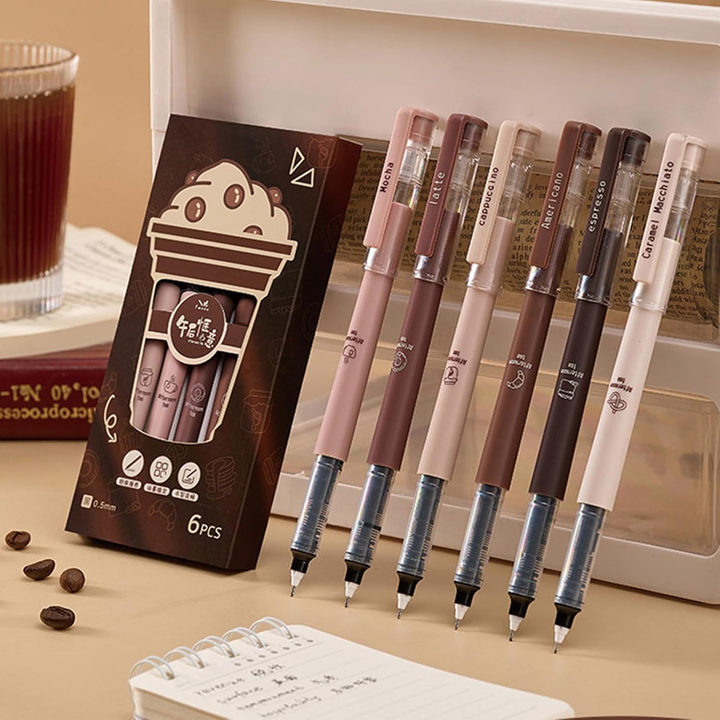 6 Pcs Rolling Ball Pens Cute Coffee Liquid Ink Rollerball Pens Cartoon 0.5 mm Black Ink Pen Quick Drying Smooth Writing Pen Office School Supplies (Coffee)