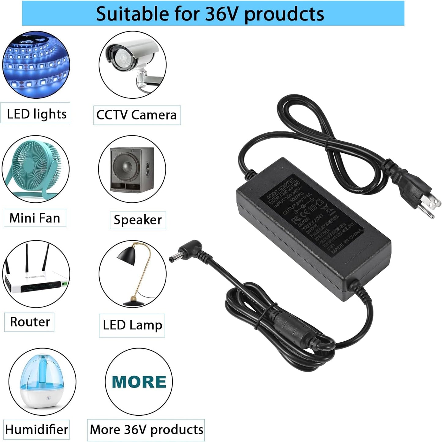 36V 4A Power Supply Adapter 100-240V AC to DC 144W Power Transformer 5.5mm x 2.5mm/2.1mm DC Output Jack 36V Volt AC Power Supply for LED Lights LED Driver CCTV Security System Inkjet Printer