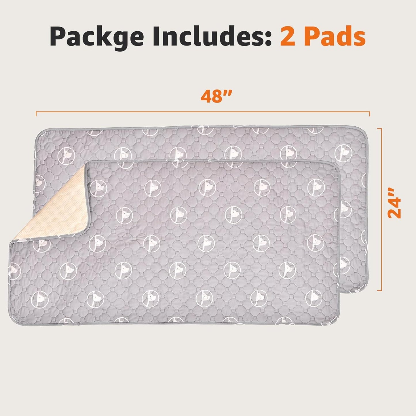 PJYuCien Washable Pee Pads for Guinea Pig 2 Pack, 24" x 48" Non-Slip and Leak-Proof Pee Mat, Training Pads for Whelping, Crate, Bed (Grey)