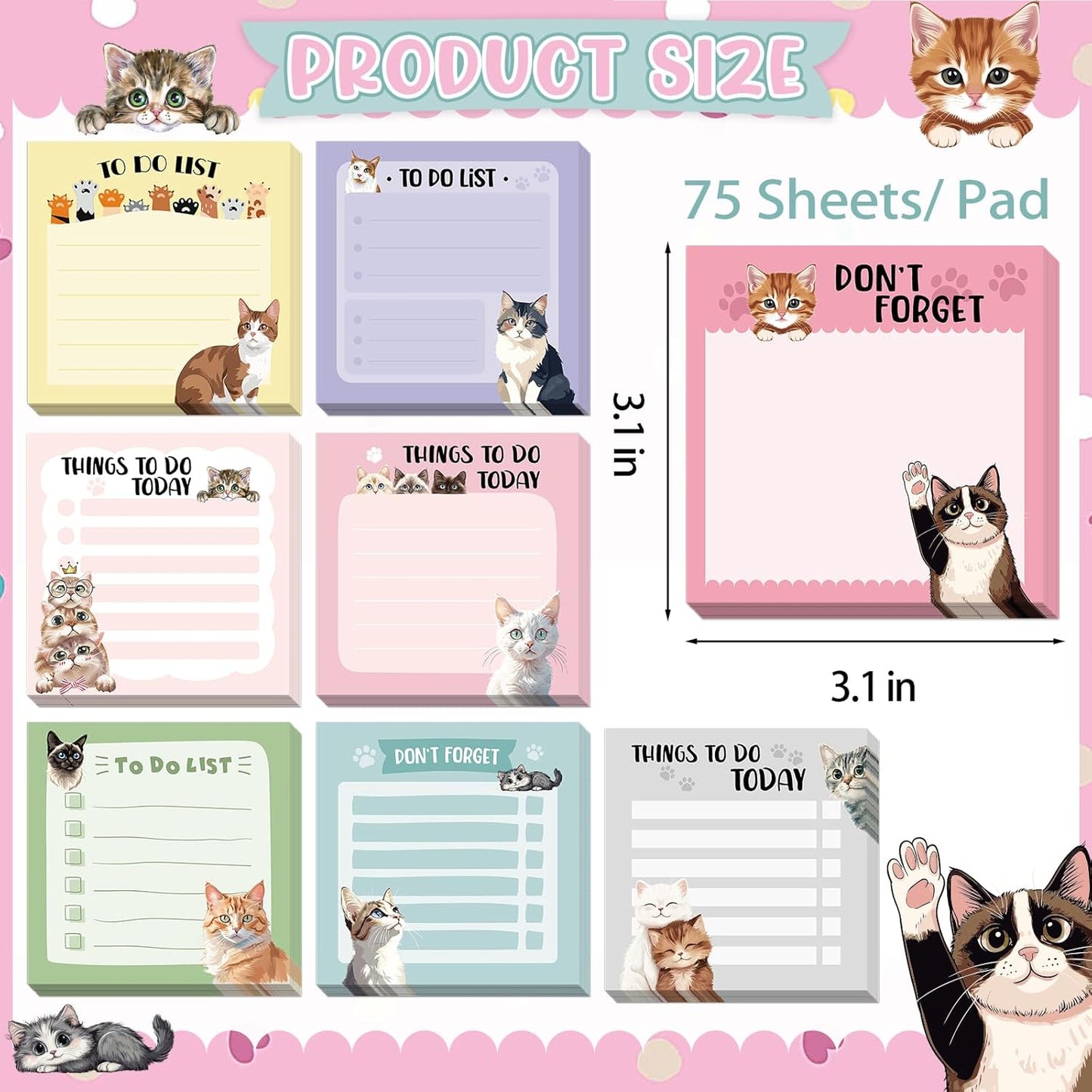 600Pcs Cat Sticky Notes, Funny Cat to Do List Notepad Cat Theme Self Stick Note Pads Cute Cat Memo Pads Kawaii Cartoon Animal Sticky Notes for Cat Lover Office Home School Supplies
