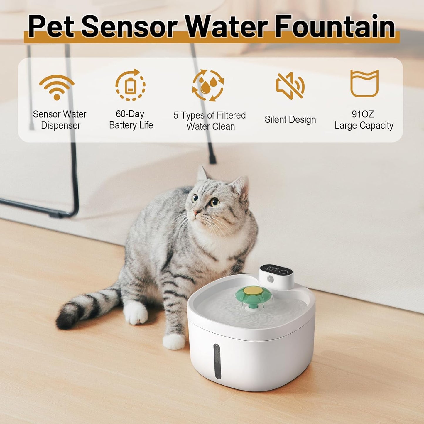 Cat Water Fountain, Cat Fountain,91OZ/2.6L Pet Water Dispenser Rechargeable Drinking Fountains for Cats and Dogs