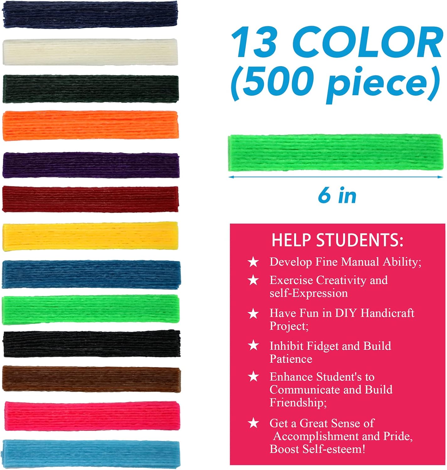 500PCS Wiky Sticks for Kids – Easter Gitfs Mess-Free Sensory Toy, Non-Toxic Wax Yarn Sticks for Travel, Road Trips, Airplane & Restaurant Activities, DIY Arts & Crafts, 13 Colors