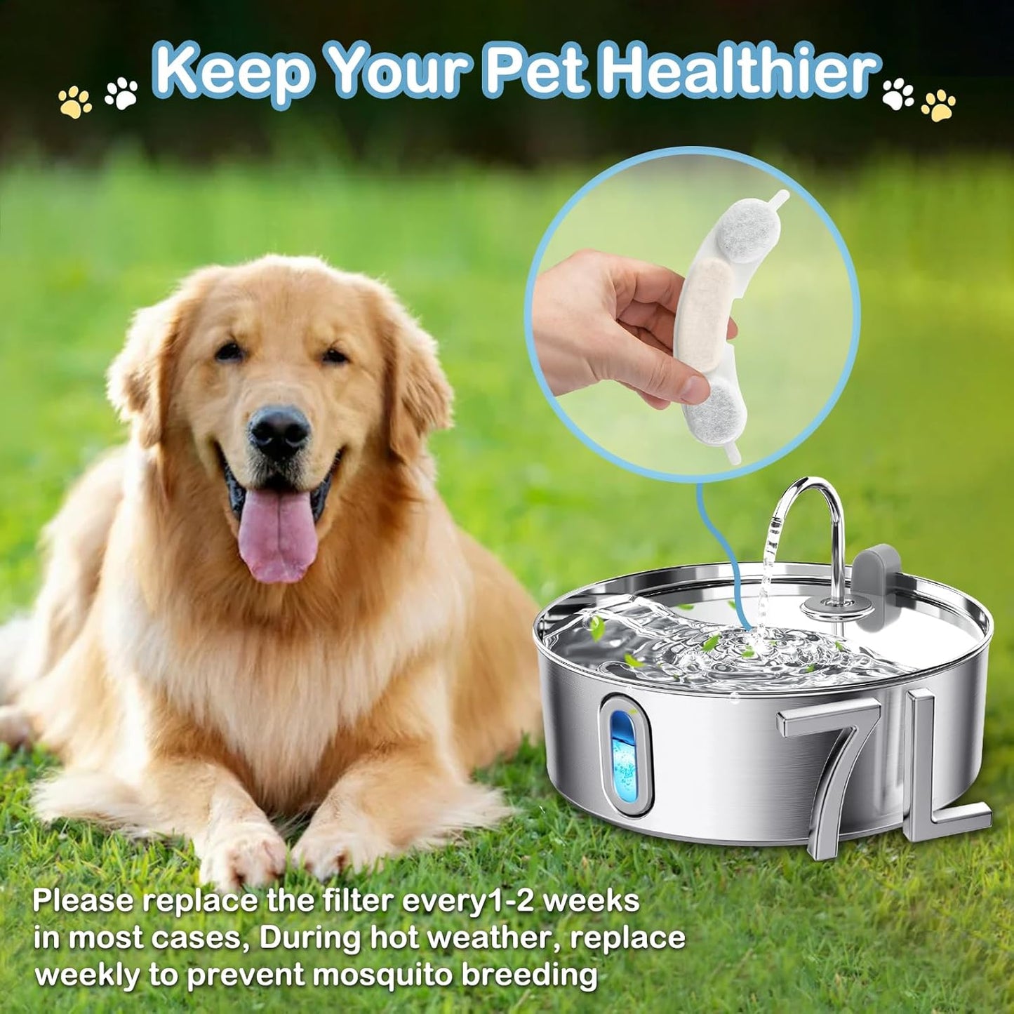 22 Pack Replacement Filters for smartoo 7L/236oz Stainless Steel Dog Water Fountain, 6 Month Set for Large Dogs Water Bowl Dispenser, Includes 22 Filters & 22 Sponges (22Pack)
