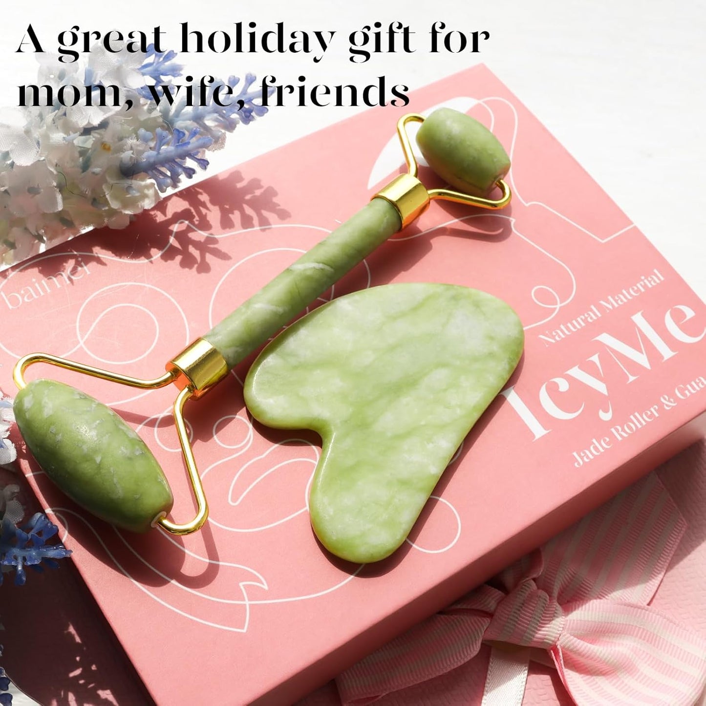 BAIMEI IcyMe Gua Sha & Jade Roller Facial Tools Face Roller and Gua Sha Set for Puffiness and Redness Reducing Skin Care Routine, Self Care for Men Women - Green