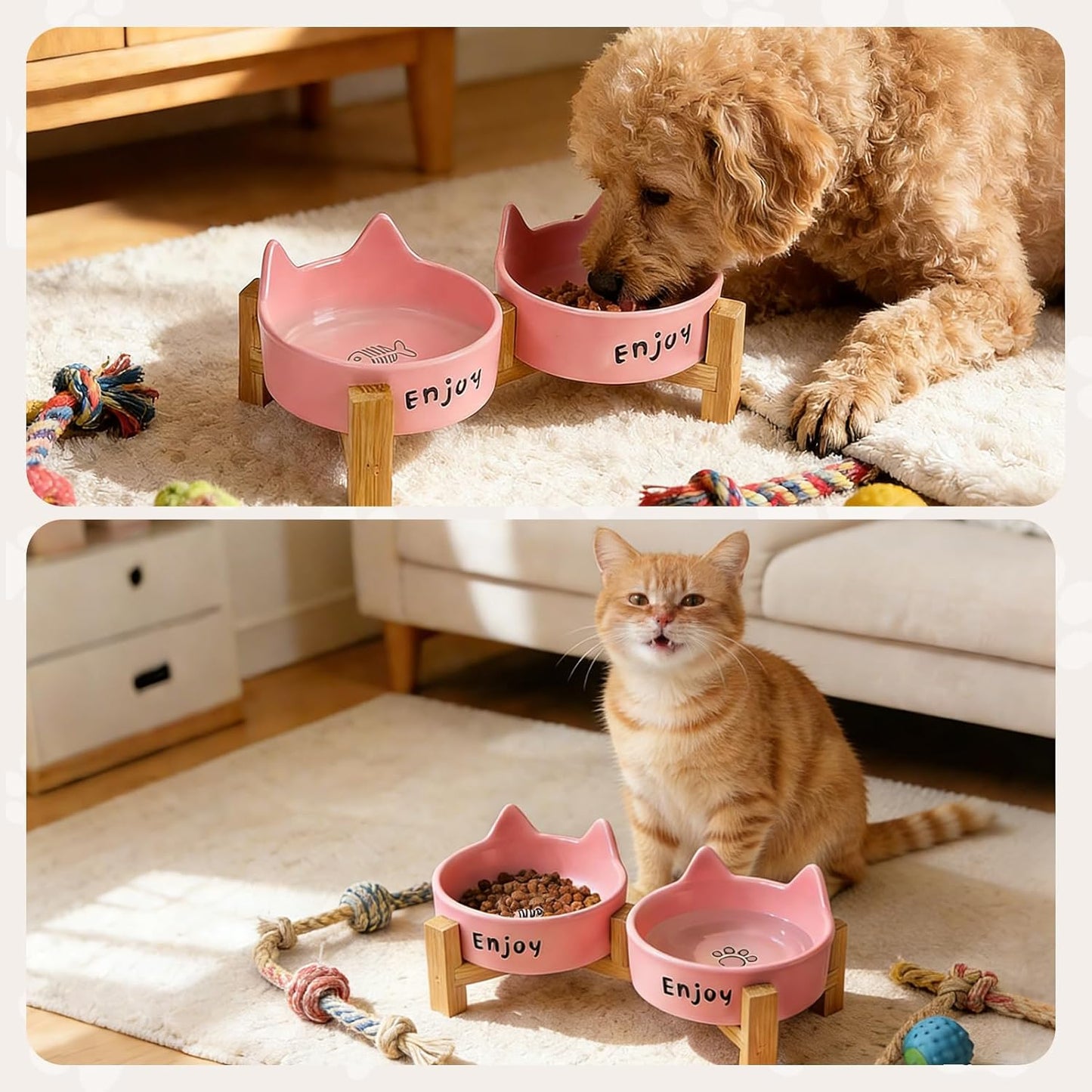 Puffluv Ceramic Dog and Cat Bowl Set with Wooden Stand Non-Slip Matte Glaze Weighted Food Water Cute Raised Feeder-Pink Cat Ear-6.76 OZ