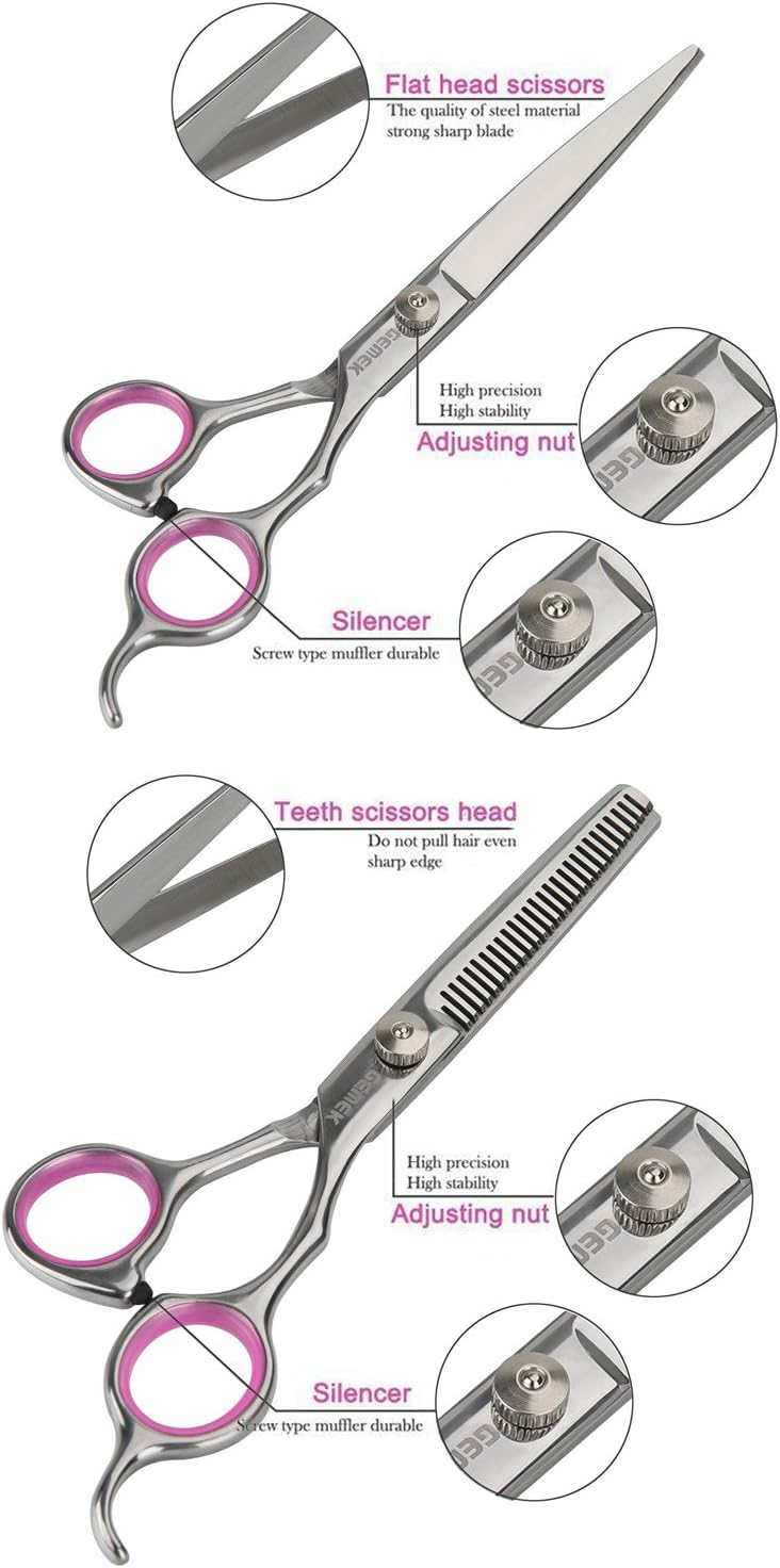 GEMEK Pet Cat Dog Grooming Scissors Set 4 Pieces Stainless Steel Professional Pet Trimmer Kit - 7.5 inch Straight Cutting, Thinning Shears, Curved, Grooming Combs