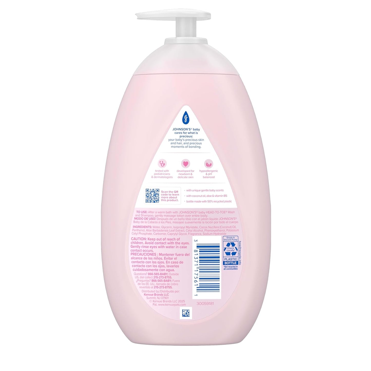 Johnson's Baby Lotion with Coconut Oil, Aloe Vera & Vitamin B5, 72 HR Hydration, Skin Moisturizer, Hypoallergenic, Safe for Newborn, Protects From Dryness &; Strengthens Skin, 27.1 fl. oz