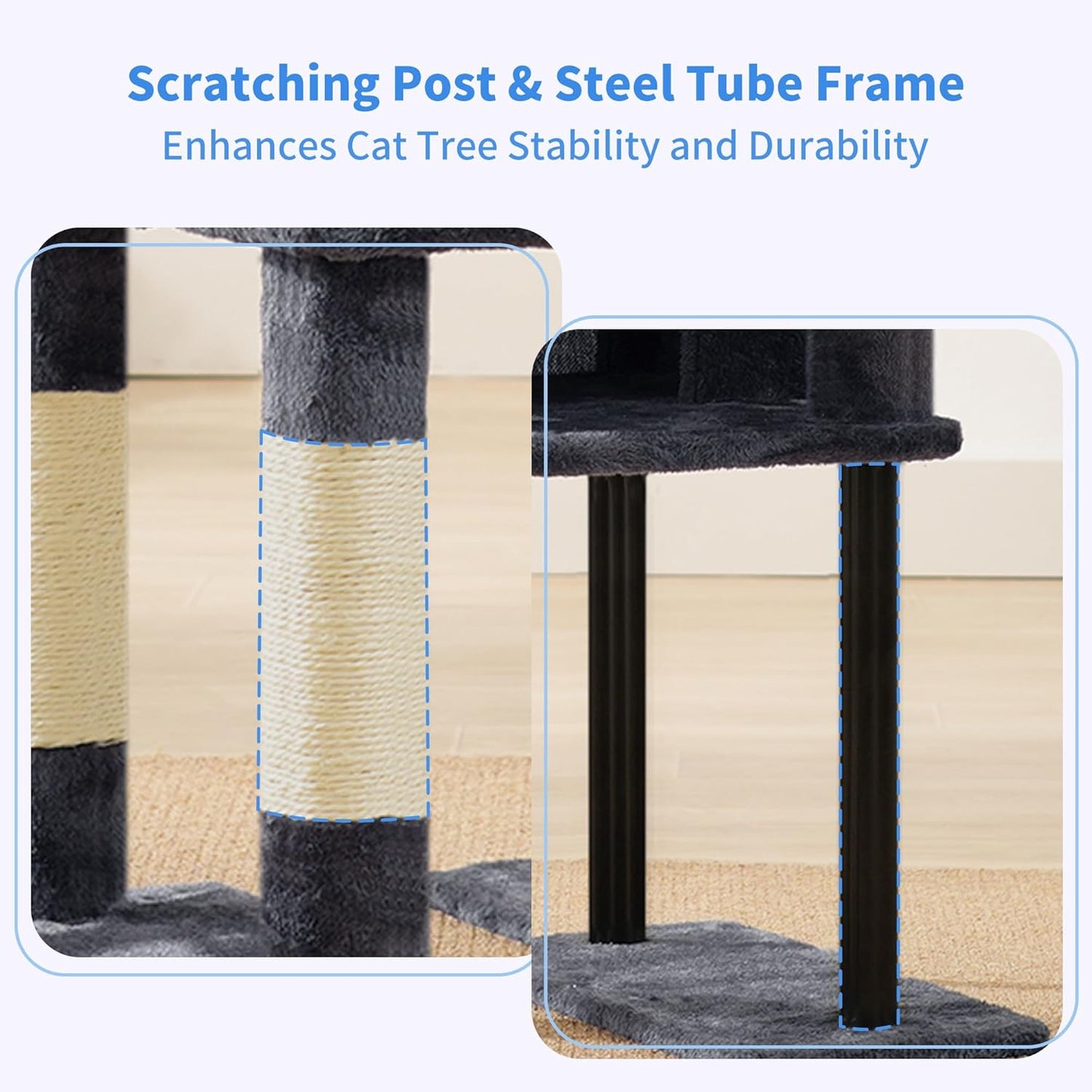 Heybly Cat Tree, 49.2 Inches Cat Tower for Indoor Cats, Spacious Cat House Condo with Hidden Space,Sturdy Steel Tube,Soft Plush Top Perch,Cozy Hammock and Sisal Scratching Posts, Smoky Gray HCT200SG