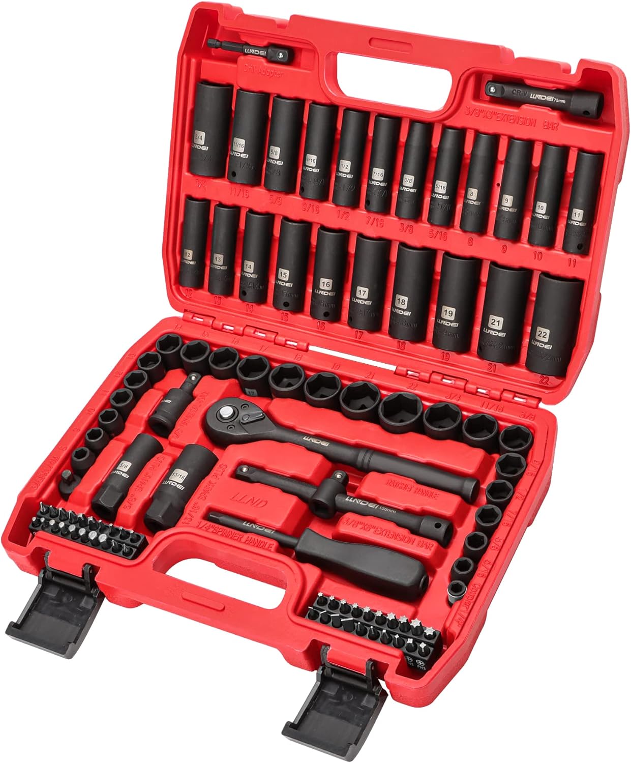 LLNDEI 3/8”Drive Impact Socket Set,Standard SAE(5/16 to 3/4-Inch) Metric Size(8-22mm), 95 Piece, CR-V Steel Deep&Shallow Kit, Adapters, Ratchet Handle, Screwdriver Bit Set, Spark Plug Socket, 6 Point