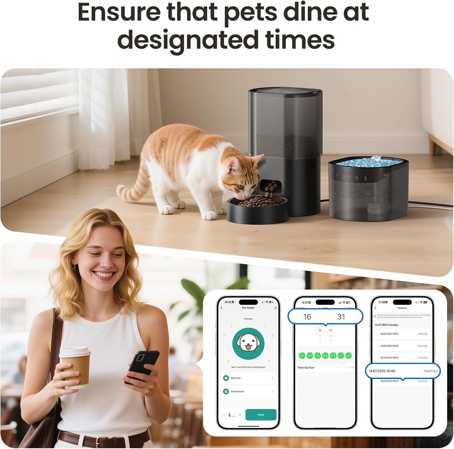 Automatic Cat Feeder and Water Fountain 2-in-1, Smart Timed Cat Food Dispenser with 2.4G WiFi APP Control, Automatic Dog Feeder and Water Dispenser with 10s Voice Recorder for Cats Small Dogs